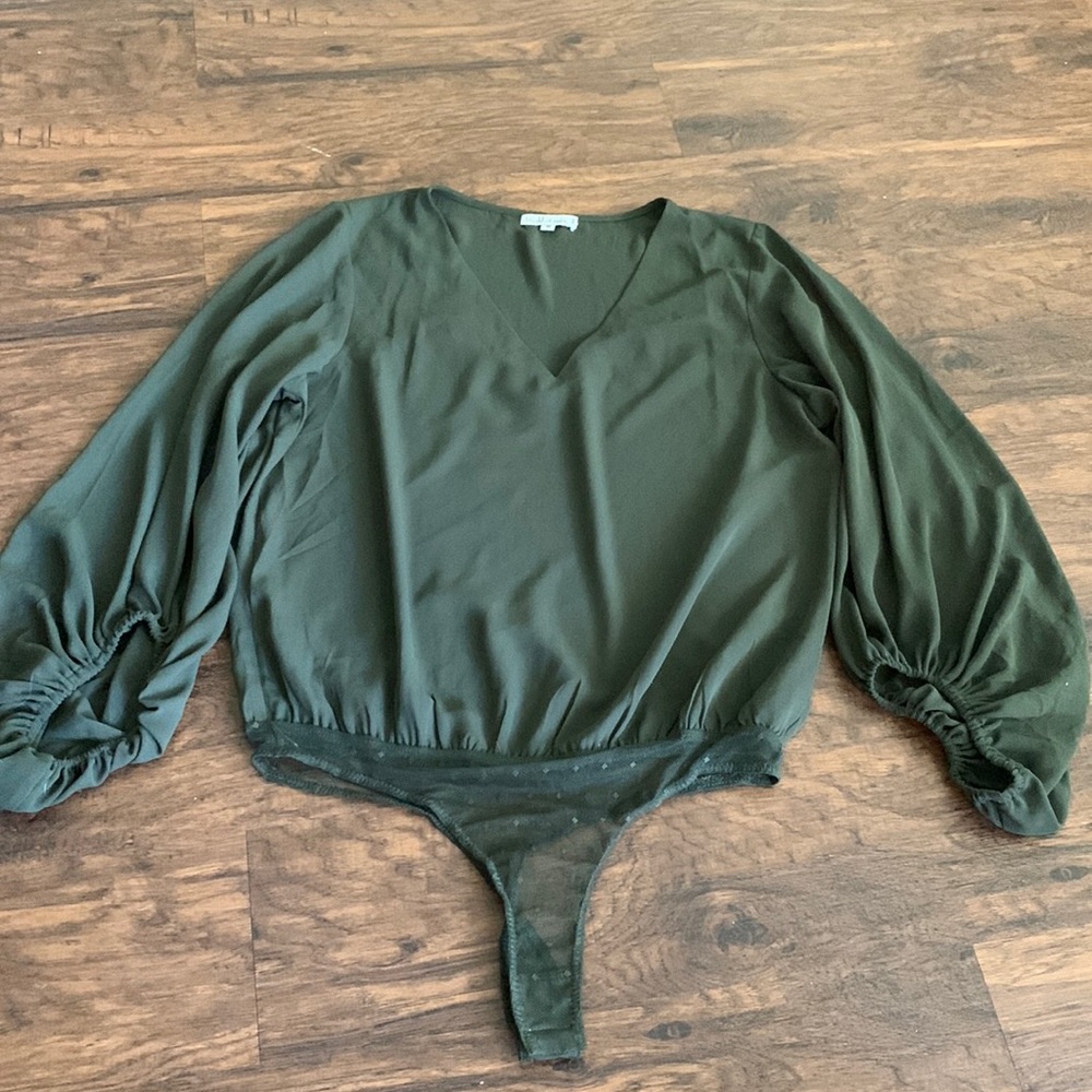 Chiffon Bubble Sleeve Olive Green Bodysuit